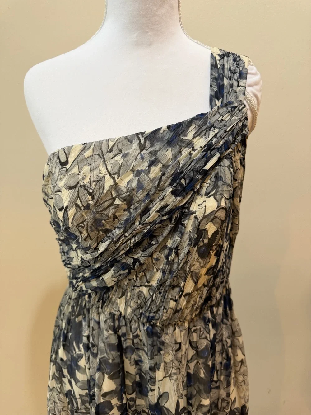 J Crew Lucienne Silk Chiffon Grey & Blue Floral Mini One Shoulder Dress Size 4
